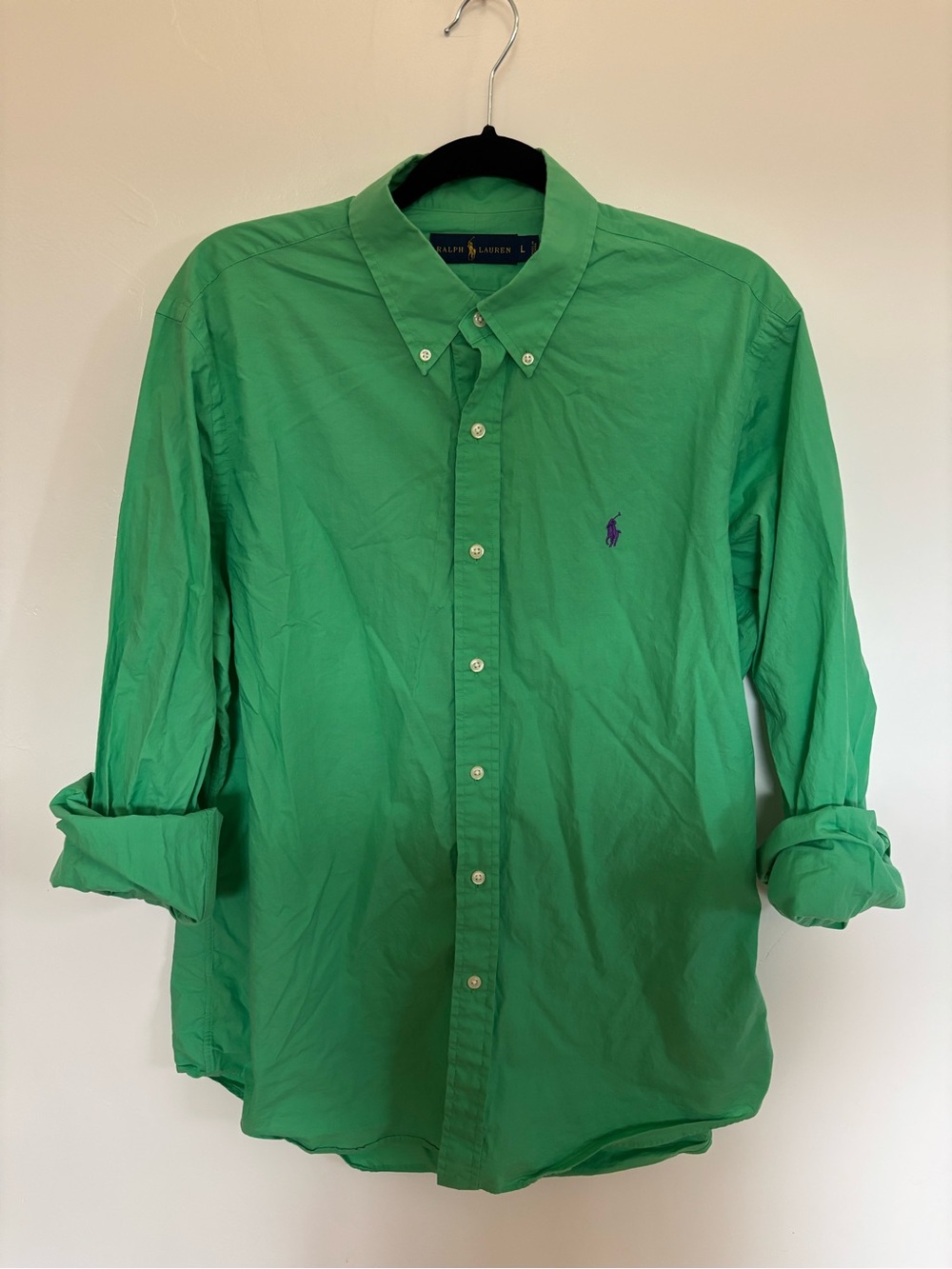 Ralph Lauren Men’s Large Green Button Down Shirt Purple Pony 100% Cotton A17